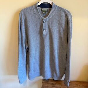 Eddie Bauer Mens Heavyweight Sweater Crew Neck Pullover 1/4 Button, Sz XL Gray